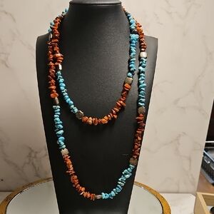 VINTAGE Turquoise and Coral Chip Necklace With Silver Accents 42"